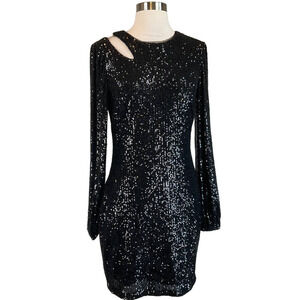 XSCAPE Sequined Long Sleeve Cut Out Mini Sheath Cocktail Dress Black Size 6